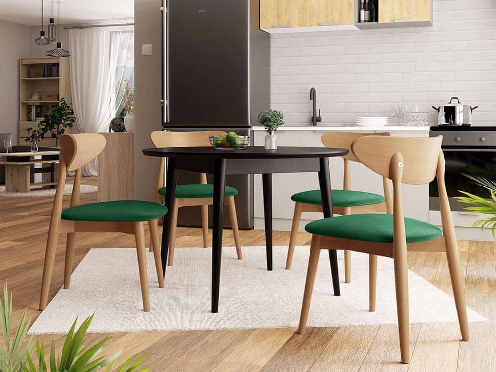 Veneti Jedálenský stôl 100 cm so 4 stoličkami OLMIO 1 - čierny / prírodné drevo / zelený